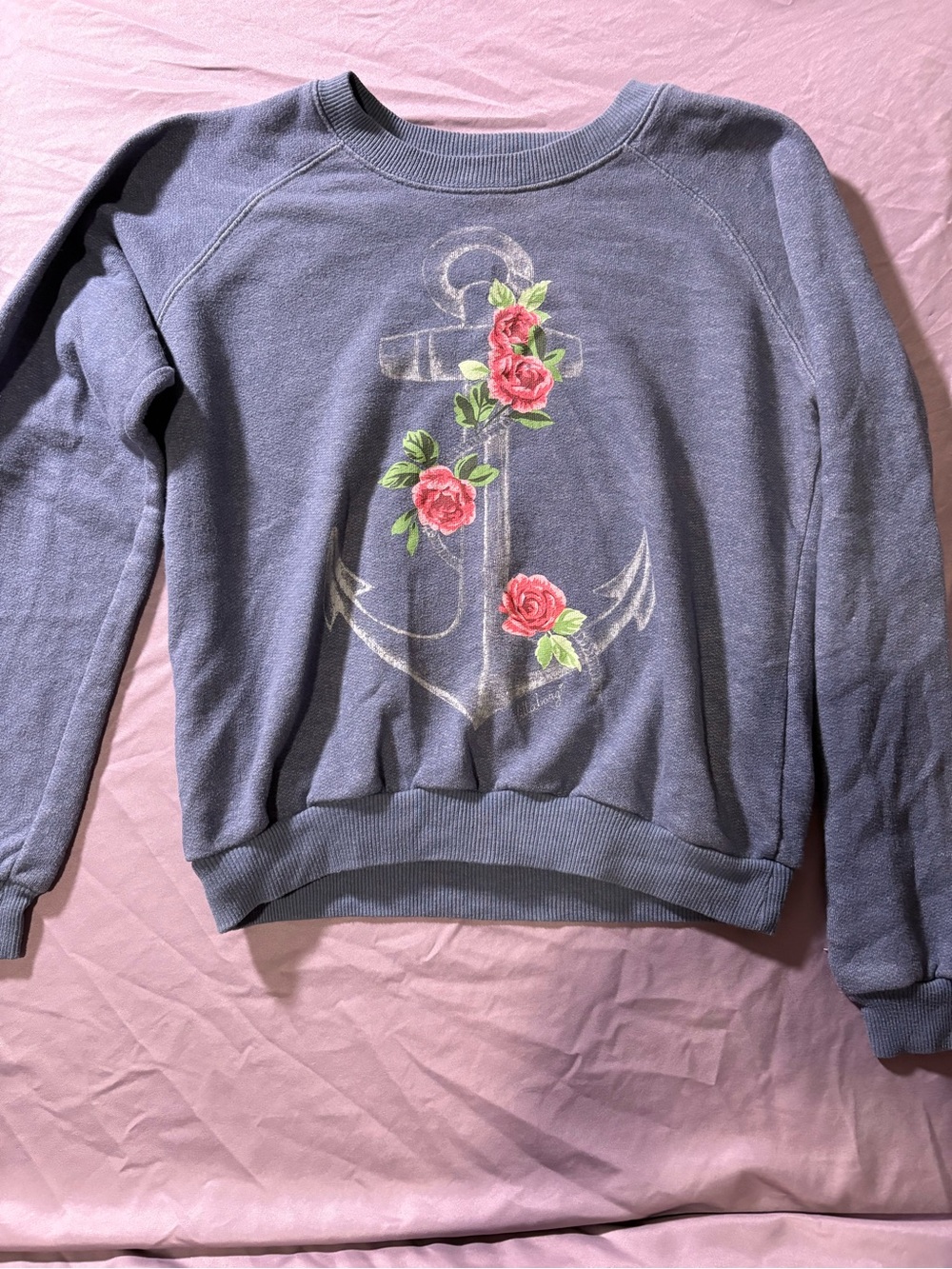 Billabong Blue Crewneck Sweatshirt with Pink Rose Anchor - Picture 1 of 4